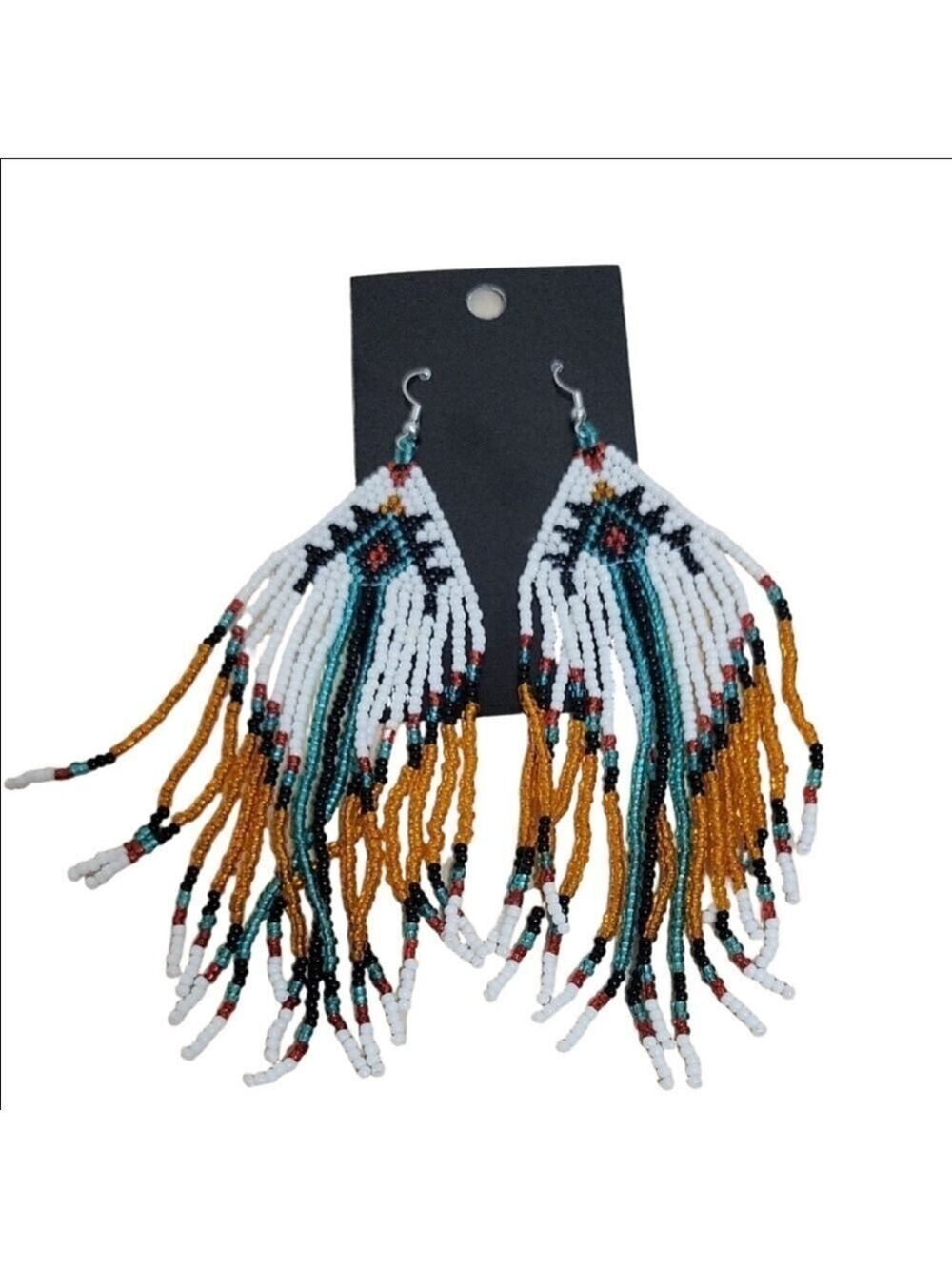 Handcrafted Earrings White Gold Black Beaded Fringe